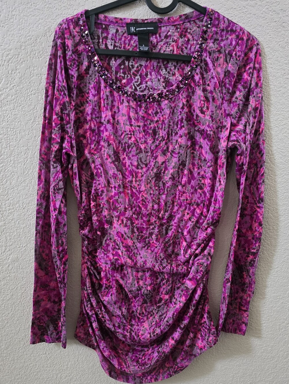 INC International Concepts Pink Patterned Long-Sleeve Scoop Neck Topsz L